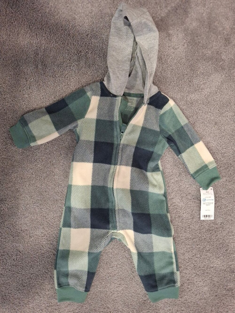 Baby boy hooded jumpsuit, green plaid, fleece, Carter's 3-6 months